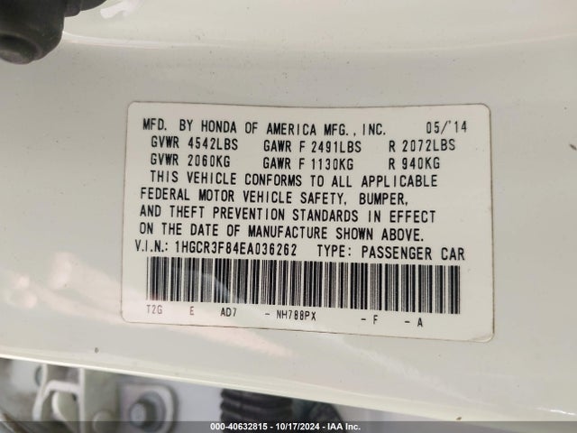 Honda Accord Ex-l V-6 2014 1HGCR3F84EA036262 Image 9
