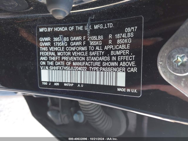 Honda CIVIC EX 2018 SHHFK7H50JU204022 Image 9