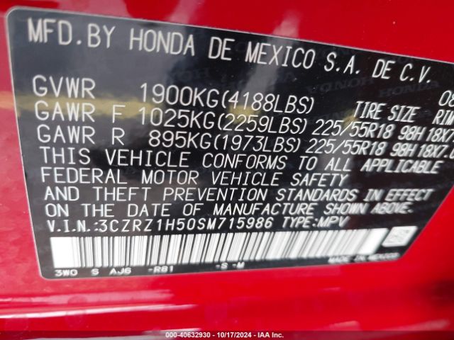 3CZRZ1H50SM715986 Honda Hr-v 2wd Sport