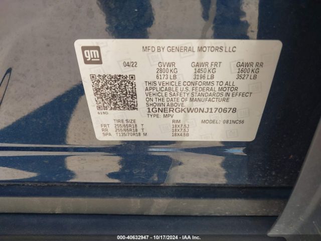 1GNERGKW0NJ170678 Chevrolet Traverse Fwd Lt Cloth