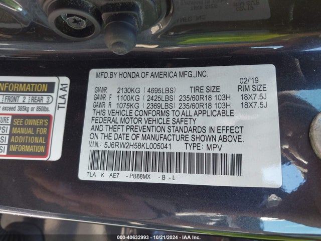 Honda CR-V EX 2019 5J6RW2H58KL005041 Image 9