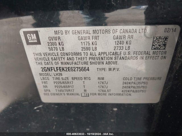 Chevrolet EQUINOX 1LT 2014 2GNFLFEK2E6275664 Image 9