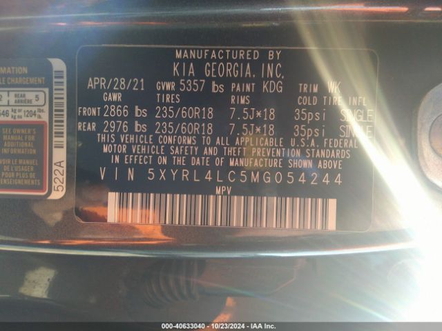 5XYRL4LC5MG054244 KIA SORENTO S