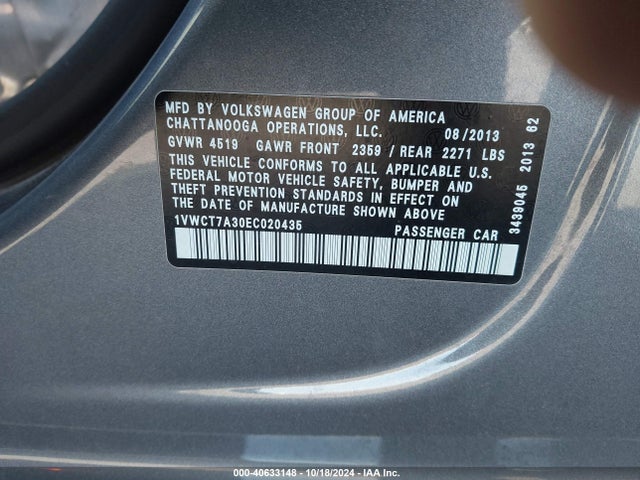 1VWCT7A30EC020435 Volkswagen Passat 1.8t Sel Premium