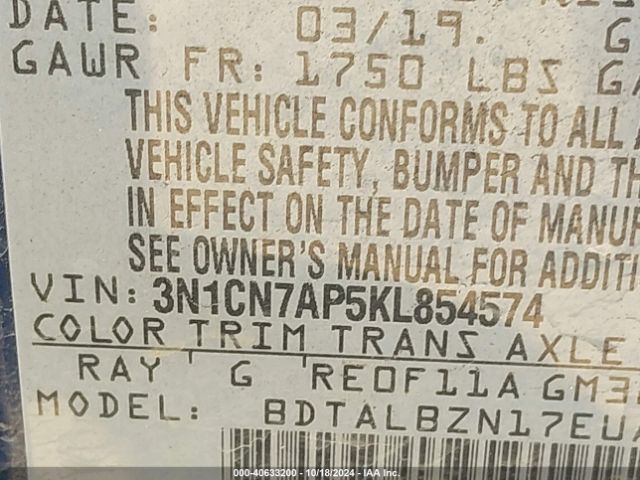 Nissan Versa 1.6 Sv 2019 3N1CN7AP5KL854574 Image 9