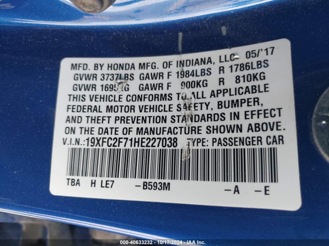 Honda CIVIC EX 2017 19XFC2F71HE227038 Image 9