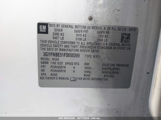 2015 CADILLAC SRX 3GYFNBE31FS600399 Photo 8