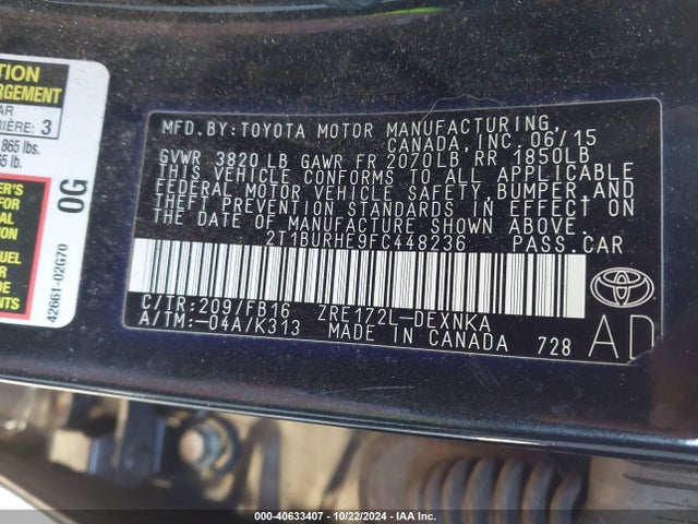 Toyota COROLLA LE 2015 2T1BURHE9FC448236 Image 9