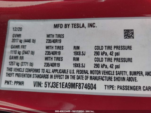 5YJ3E1EA9MF874604 Tesla Model 3 Standard Range Plus Rear-wheel Drive