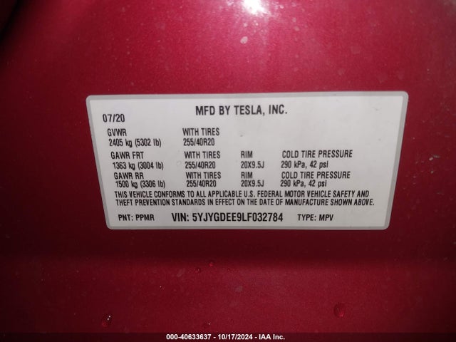 2020 TESLA MODEL Y 5YJYGDEE9LF032784 Photo 8