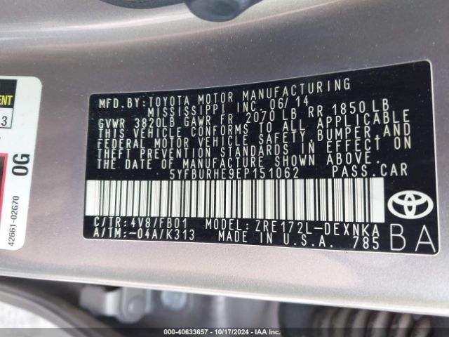5YFBURHE9EP151062 Toyota Corolla L/le/le Pls/prm/s/s Pls