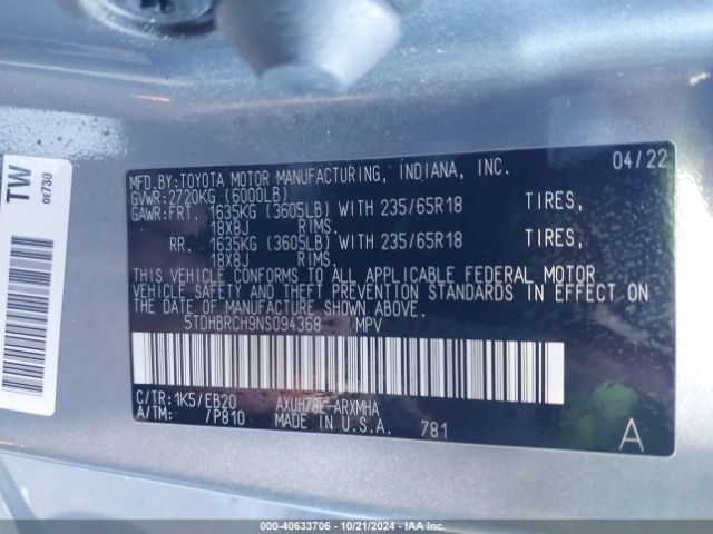 5TDHBRCH9NS094368 Toyota Highlander Hybrid Xle
