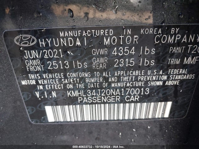 Продаж на аукціоні авто 2022 Hyundai Sonata Limited, vin: KMHL34J20NA170013, номер лоту: 40633732