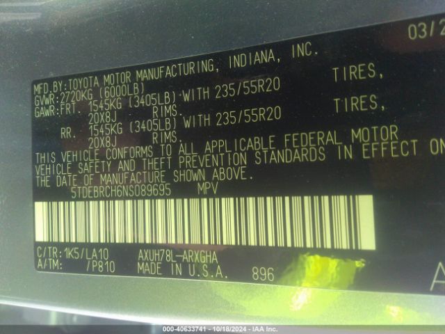 5TDEBRCH6NS089695 Toyota Highlander Hybrid Platinum