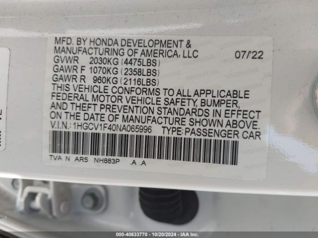 2022 HONDA ACCORD 1HGCV1F40NA065996 Photo 8