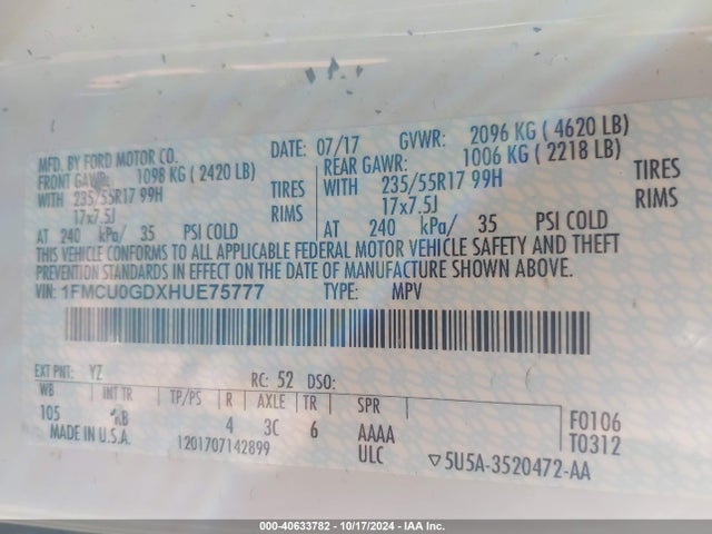 Ford ESCAPE SE 2017 1FMCU0GDXHUE75777 Image 9