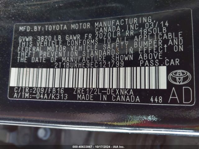2T1BURHE9EC121799 Toyota COROLLA LE