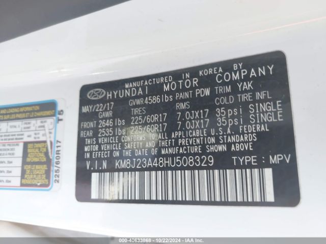 KM8J23A48HU508329 Hyundai TUCSON SE