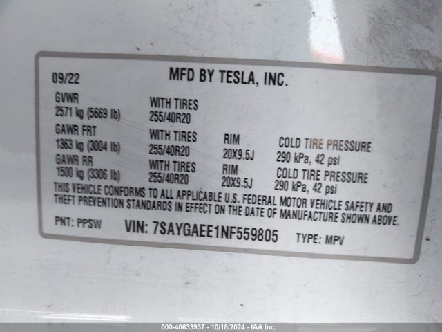 2022 TESLA MODEL Y 7SAYGAEE1NF559805 Photo 8