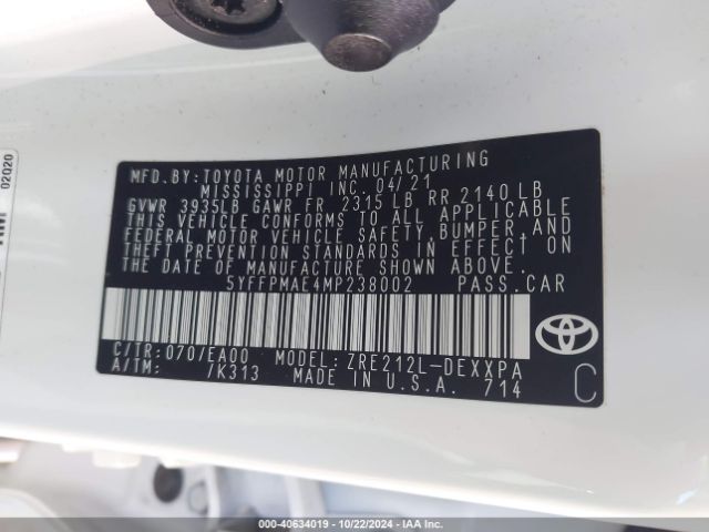 5YFFPMAE4MP238002 Toyota Corolla Xle