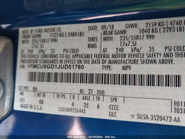 Ford ESCAPE SE 2018 1FMCU9GD1JUD51780 Image 9
