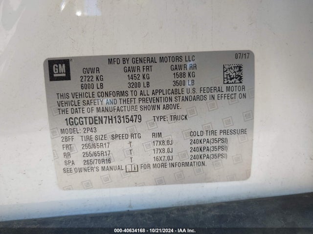 40634168 :رقم المزاد ، 1GCGTDEN7H1315479 vin ، 2017 Chevrolet Colorado Z71 مزاد بيع
