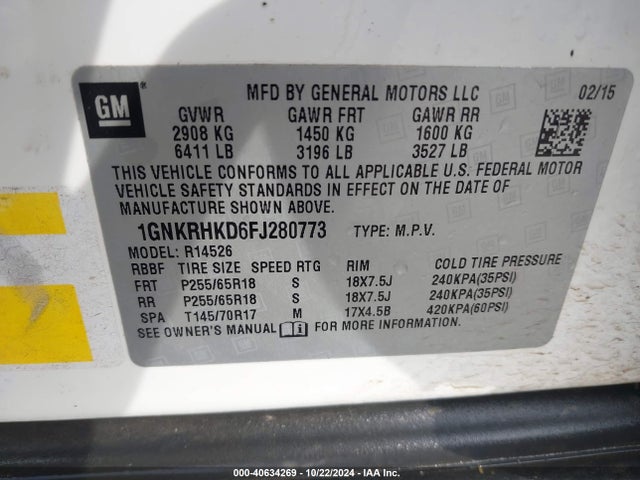 Chevrolet Traverse 2lt 2015 1GNKRHKD6FJ280773 Image 9