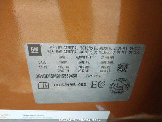3G1BE6SM9HS559430 Chevrolet Cruze Lt Auto