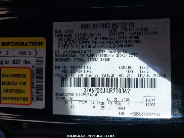 3FA6P0RU4JR210362 Ford Fusion Hybrid Titanium