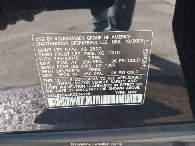 1V2LE2CA4RC214126 Volkswagen Atlas Cross Sport 2.0t Se