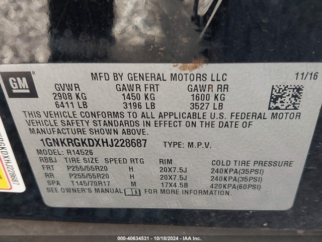 Chevrolet Traverse 1lt 2017 1GNKRGKDXHJ228687 Image 9