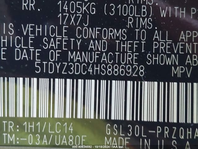5TDYZ3DC4HS886928 Toyota Sienna Xle 8 Passenger