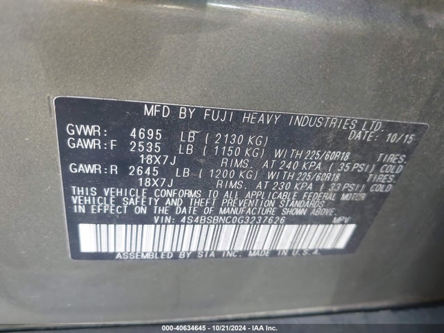 Subaru Outback 2.5i Limited 2016 4S4BSBNC0G3237626 Image 9