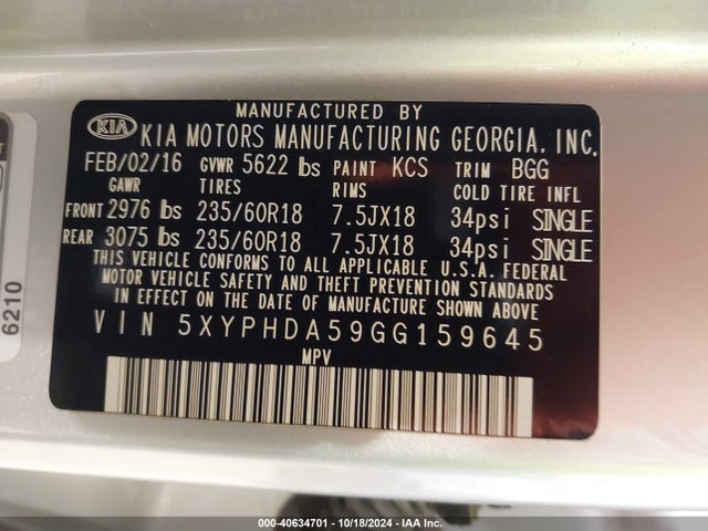 KIA Sorento 3.3l Ex 2016 5XYPHDA59GG159645 Image 9