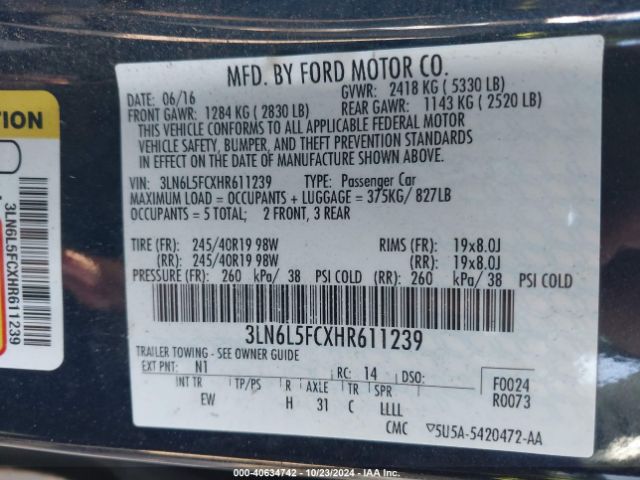 3LN6L5FCXHR611239 Lincoln Mkz Reserve
