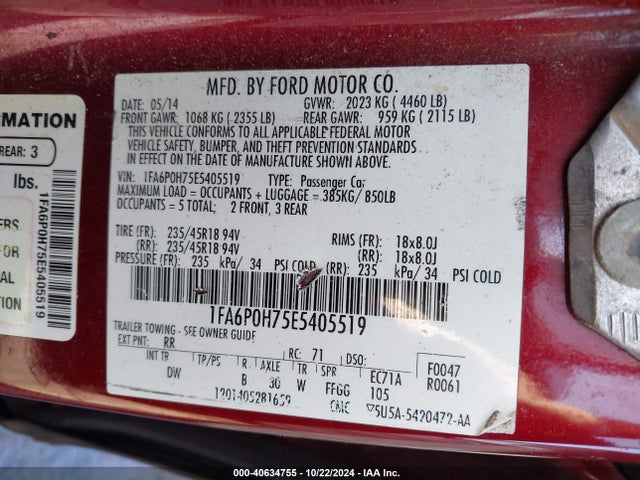 Ford FUSION SE 2014 1FA6P0H75E5405519 Image 9