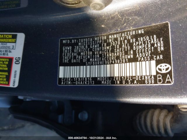 5YFBURHE9GP498281 Toyota Corolla Le Plus