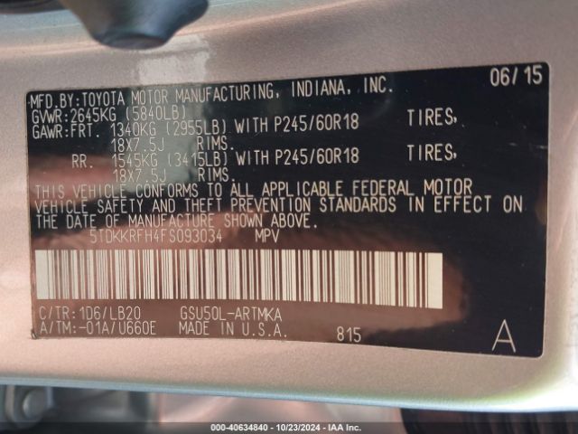 5TDKKRFH4FS093034 Toyota Highlander Xle V6