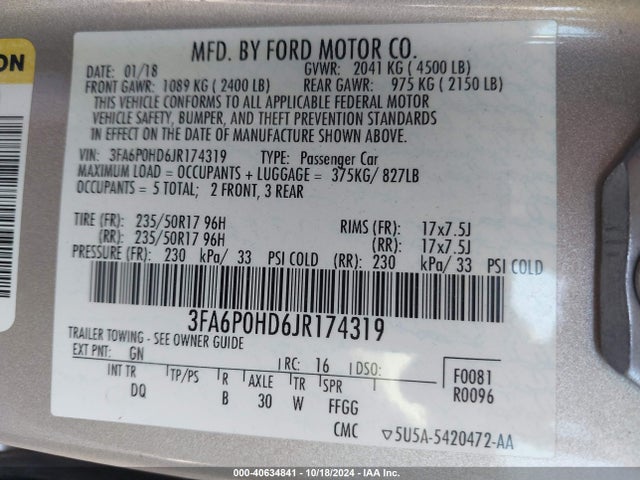 Ford FUSION SE 2018 3FA6P0HD6JR174319 Image 9