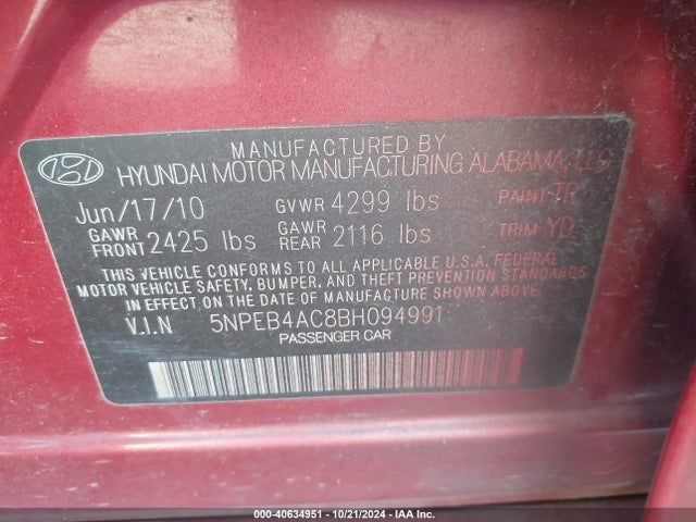Aukcja sprzedaży 2011 Hyundai Sonata Gls, vin: 5NPEB4AC8BH094991, numer aukcji: 40634951