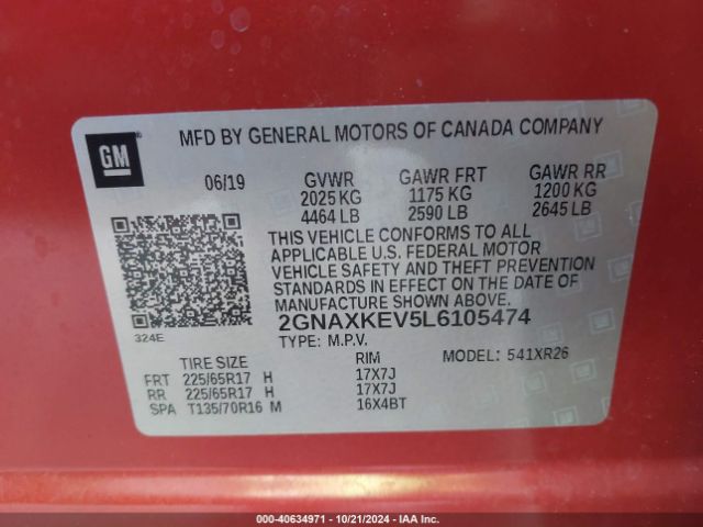 2GNAXKEV5L6105474 Chevrolet Equinox Fwd Lt 1.5l Turbo