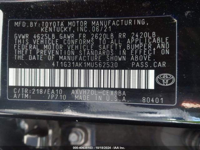 4T1G31AK1MU562530 Toyota Camry Se Hybrid
