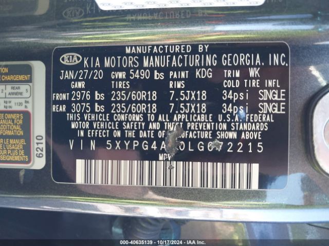5XYPG4A50LG672215 KIA Sorento 3.3l Lx