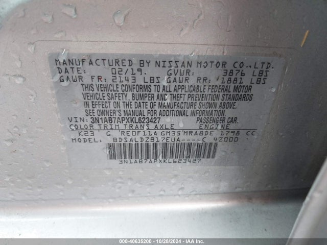 Nissan SENTRA SV 2019 3N1AB7APXKL623427 Image 9