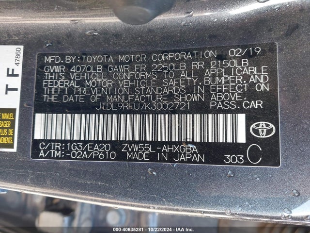 JTDL9RFU7K3002721 Toyota Prius