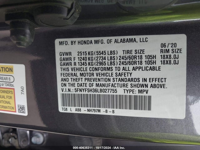 Honda Pilot 2wd Ex 2020 5FNYF5H36LB027755 Image 9