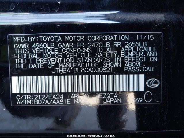 JTHBA1BL8GA000821 Lexus GS 200T