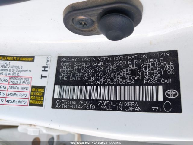 JTDKARFU9L3108754 Toyota Prius Le
