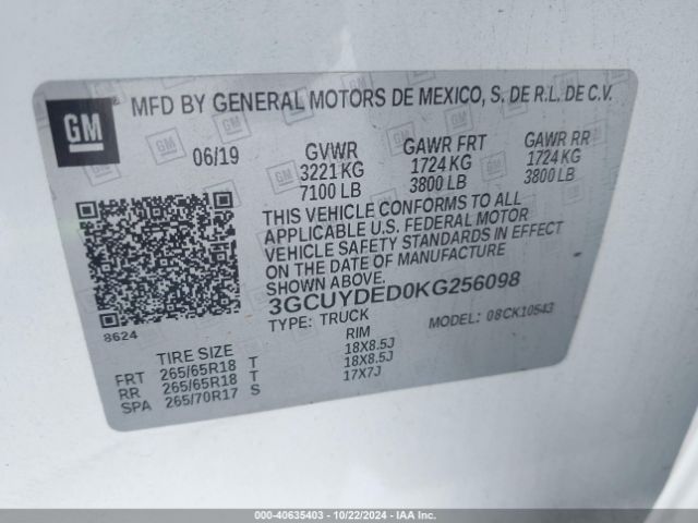 3GCUYDED0KG256098 Chevrolet Silverado 1500 Lt