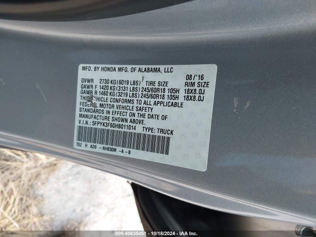 Honda Ridgeline Rtl-t 2017 5FPYK3F60HB011014 Image 9